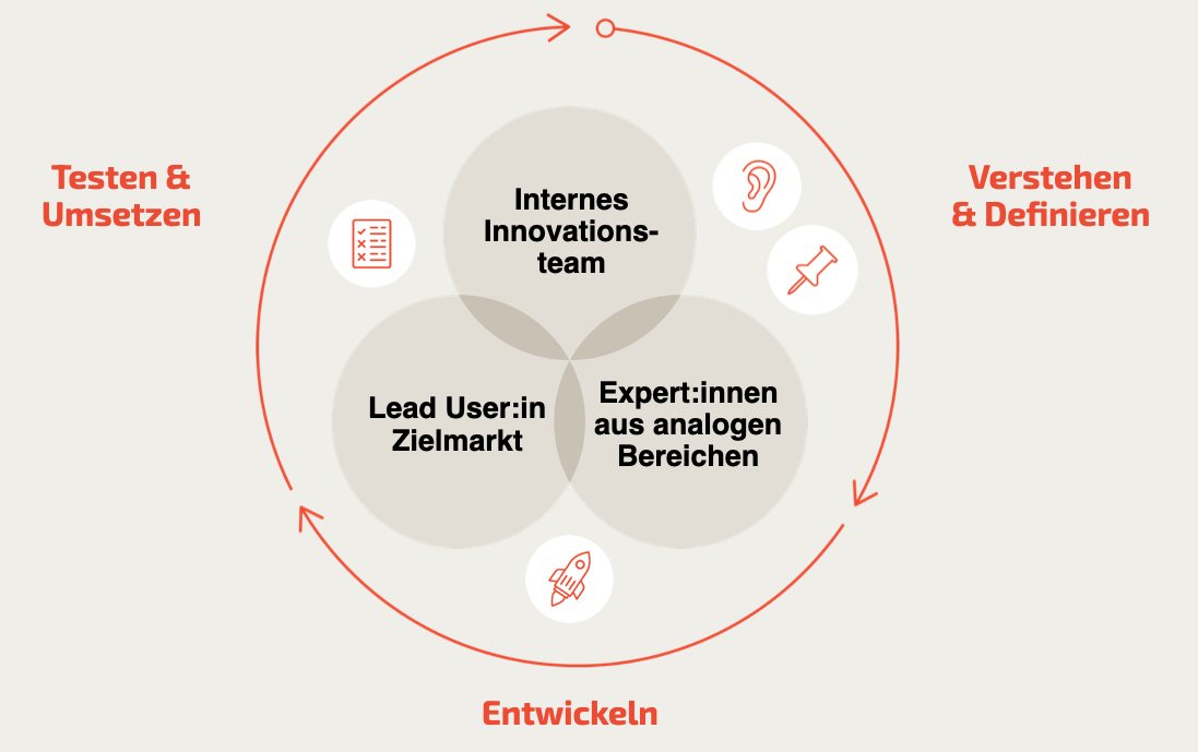 Das Lead User Projekt ist ein Open Innovation Ansatz. Darin verbinden sich das interne Innovationsteam, Expert:Innen aus analogen Bereichen und den Lead User Zielmarkt. 